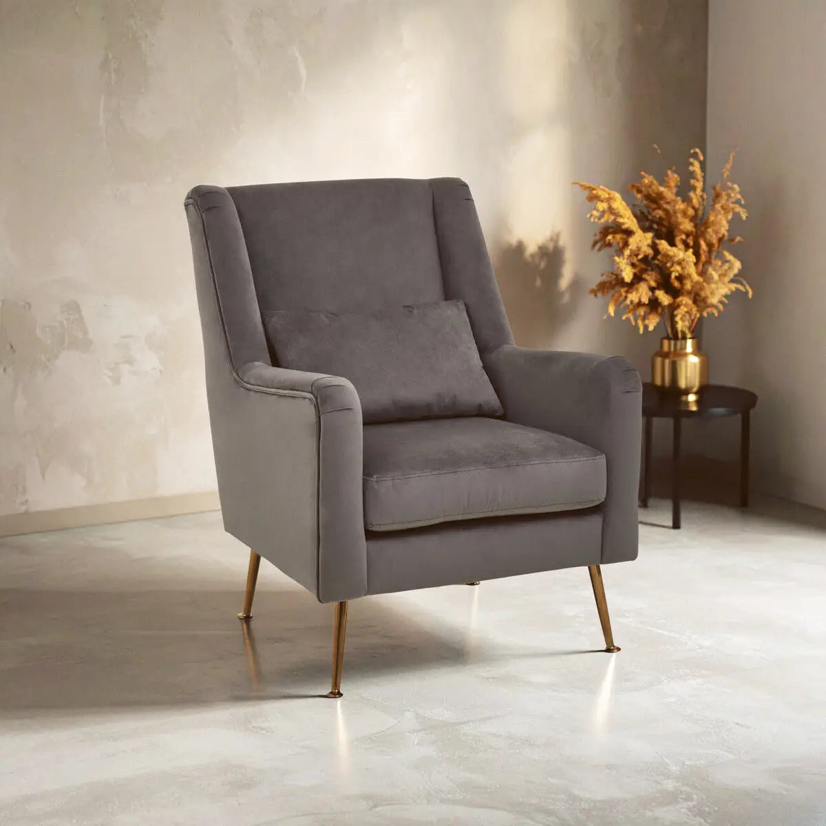 Grey Velvet Chair with Gold Finish Legs | Doucet