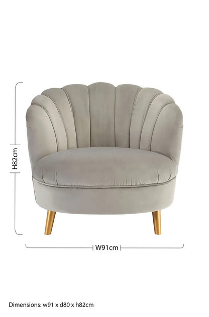 Grey Velvet Scalloped Curved Chair with Gold Wood Legs | Orlina