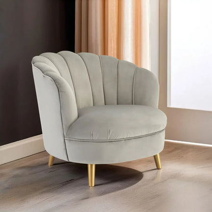Grey Velvet Scalloped Curved Chair with Gold Wood Legs | Orlina