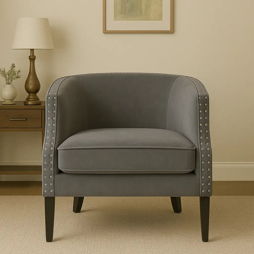 Grey Velvet Studded Chair | Larissa