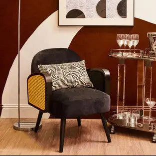 Hala Black Velvet and Rattan Armchair