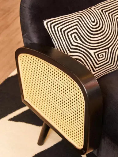 Hala Black Velvet and Rattan Armchair