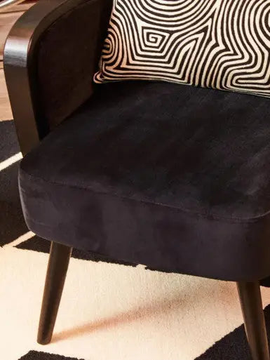 Hala Black Velvet and Rattan Armchair