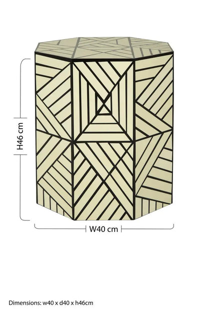 Hassa Ivory Resin Side Table and Stool with Geometric Design