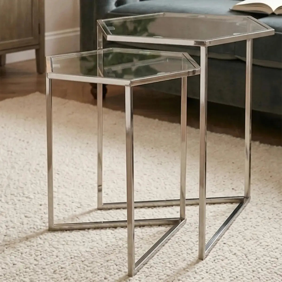 Herber Silver Finish Set of 2 Hexagonal Nesting Tables