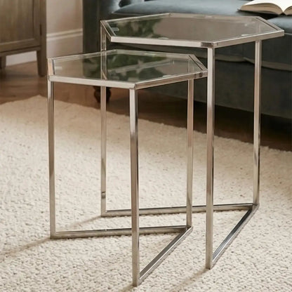 Herber Silver Finish Set of 2 Hexagonal Nesting Tables