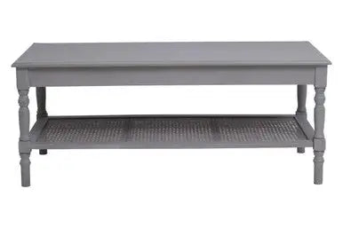 Heritage Grey Wash Wooden Coffee Table with Rattan Shelf
