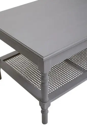Heritage Grey Wash Wooden Coffee Table with Rattan Shelf