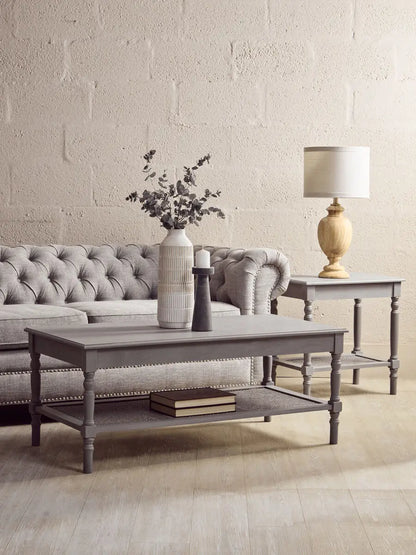 Heritage Grey Wash Wooden Coffee Table with Rattan Shelf