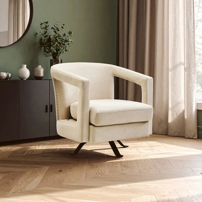 Hestia Beige Velvet Swivel Chair with Matte Black Base