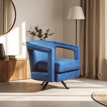 Hestia Blue Velvet Swivel Chair with Matte Black Base