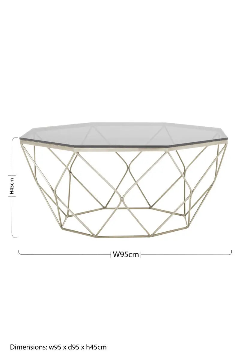 Hexagon Tempered Glass Top Coffee Table with Gold Brushed Nickel Base, Allure