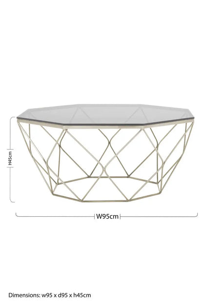 Hexagon Tempered Glass Top Coffee Table with Gold Brushed Nickel Base, Allure