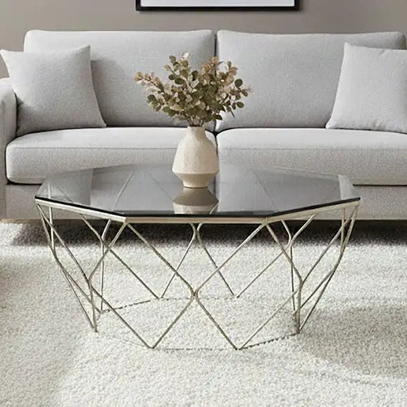 Hexagon Tempered Glass Top Coffee Table with Gold Brushed Nickel Base, Allure