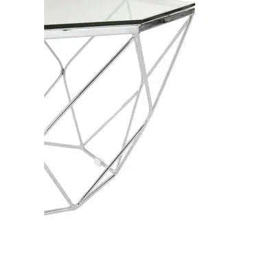 Hexagon Tempered Glass Top Coffee Table with Silver Chrome Geometric Base, Allure