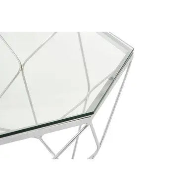 Hexagon Tempered Glass Top Coffee Table with Silver Chrome Geometric Base, Allure