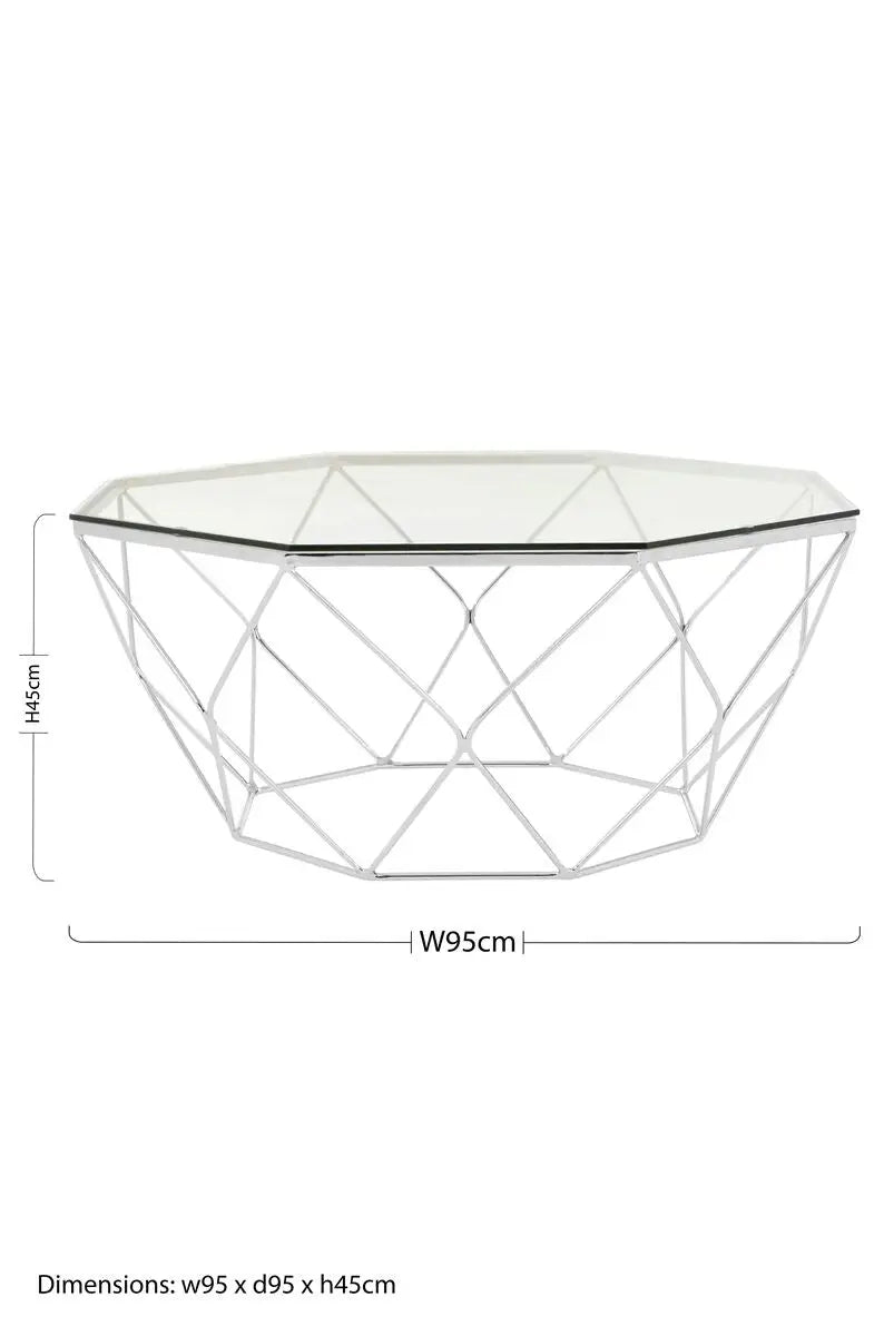 Hexagon Tempered Glass Top Coffee Table with Silver Chrome Geometric Base, Allure