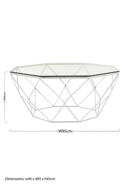 Hexagon Tempered Glass Top Coffee Table with Silver Chrome Geometric Base, Allure