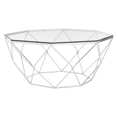 Hexagon Tempered Glass Top Coffee Table with Silver Chrome Geometric Base, Allure