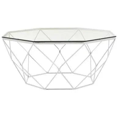 Hexagon Tempered Glass Top Coffee Table with Silver Chrome Geometric Base, Allure