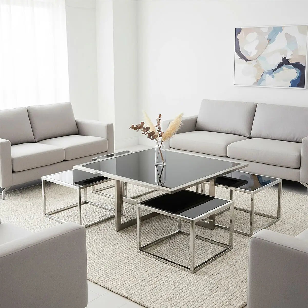 Horizon Black Glass and Silver Finish Set of 5 Nesting Coffee Tables