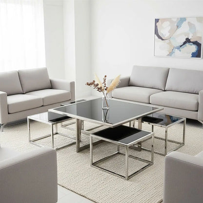 Horizon Black Glass and Silver Finish Set of 5 Nesting Coffee Tables