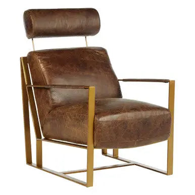 Hoxton Brown Leather Lounge Chair with Rose Gold Finish Iron Frame