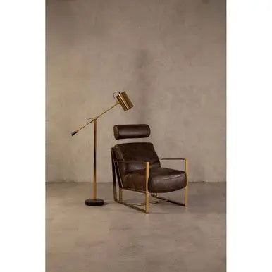 Hoxton Brown Leather Lounge Chair with Rose Gold Finish Iron Frame