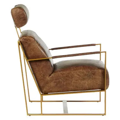 Hoxton Brown Leather Lounge Chair with Rose Gold Finish Iron Frame