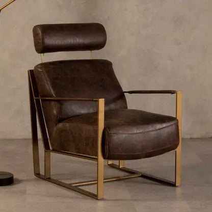 Hoxton Brown Leather Lounge Chair with Rose Gold Finish Iron Frame