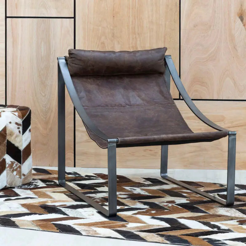 Hoxton Brown Leather Sling Chair with Iron Sledge Base