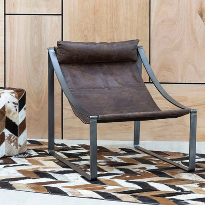 Hoxton Brown Leather Sling Chair with Iron Sledge Base
