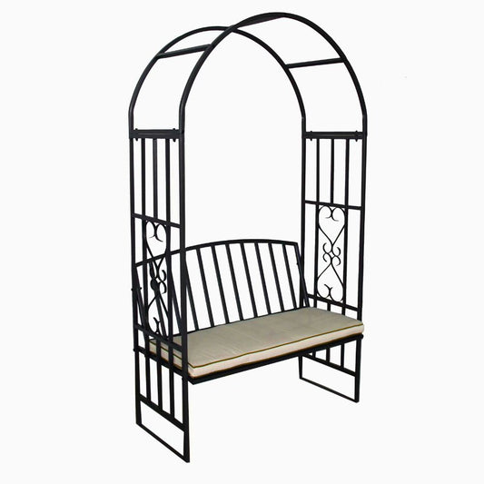 Huntingdon Garden Arch with Bench and Cushion – Steel Frame Seating in Gun Metal Grey - Arch