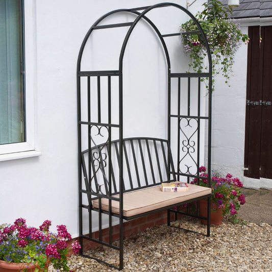 Huntingdon Garden Arch with Bench and Cushion – Steel Frame Seating in Gun Metal Grey - Arch