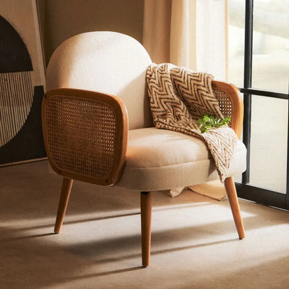 Ivory Fabric and Cane Chair with Elm Wood Legs | Cebu