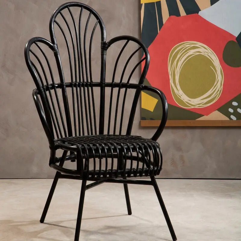 Java Black Natural Rattan And Black Metal Scalloped Back Chair
