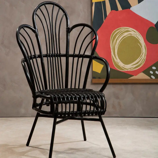 Java Black Natural Rattan And Black Metal Scalloped Back Chair