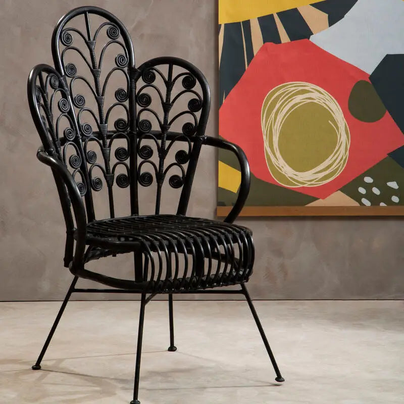 Java Black Natural Rattan Scalloped Back Chair