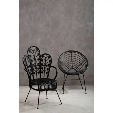 Java Black Rattan Round Chair with Black Iron Legs