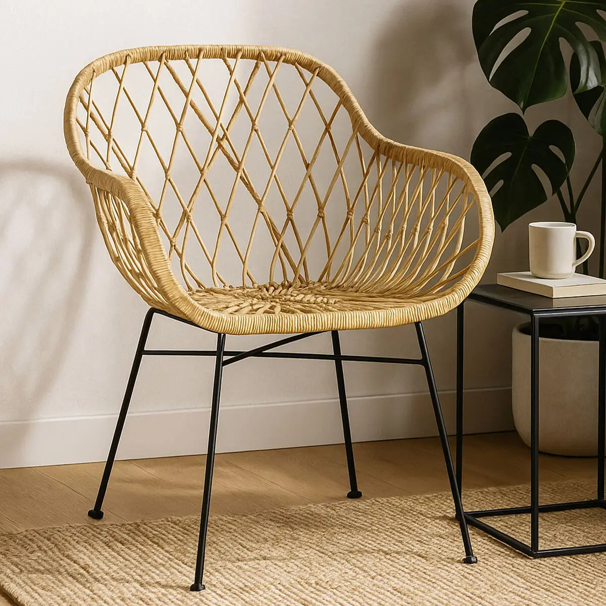 Java Natural Rattan Chair with Lattice Design