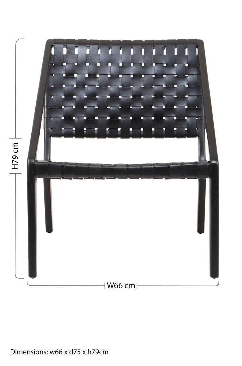 Kendari Black Cow Leather Woven Chair with Wood Frame