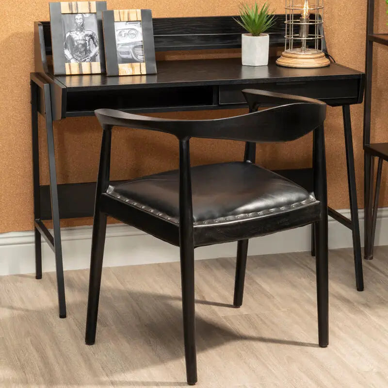 Kendari Black Leather and Teak Wood Chair