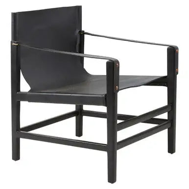 Kendari Black Leather and Teak Wood Frame Armchair