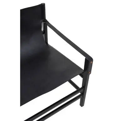 Kendari Black Leather and Teak Wood Frame Armchair