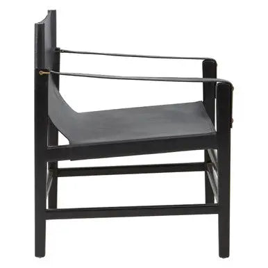 Kendari Black Leather and Teak Wood Frame Armchair