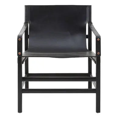 Kendari Black Leather Sling Armchair with Black Teak Wood Frame