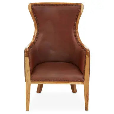 Kendari Brown Cow Leather and Teak Wood Frame Chair