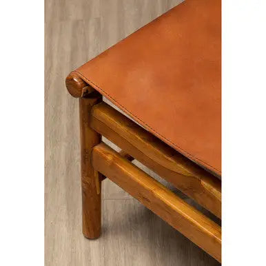 Kendari Brown Leather and Teak Modern Sling Chair