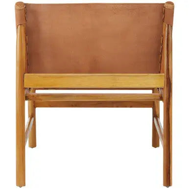 Kendari Brown Leather and Teak Modern Sling Chair
