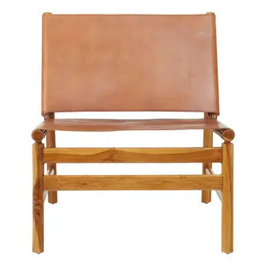 Kendari Brown Leather and Teak Modern Sling Chair with Wood Frame